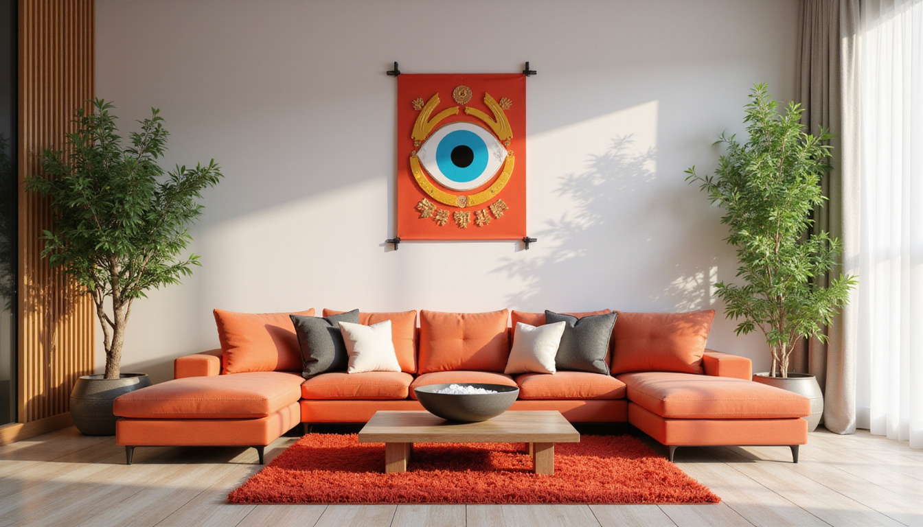  Modern living room layered with charms: evil eye, horseshoe, red envelope, salt bowl, lucky bamboo