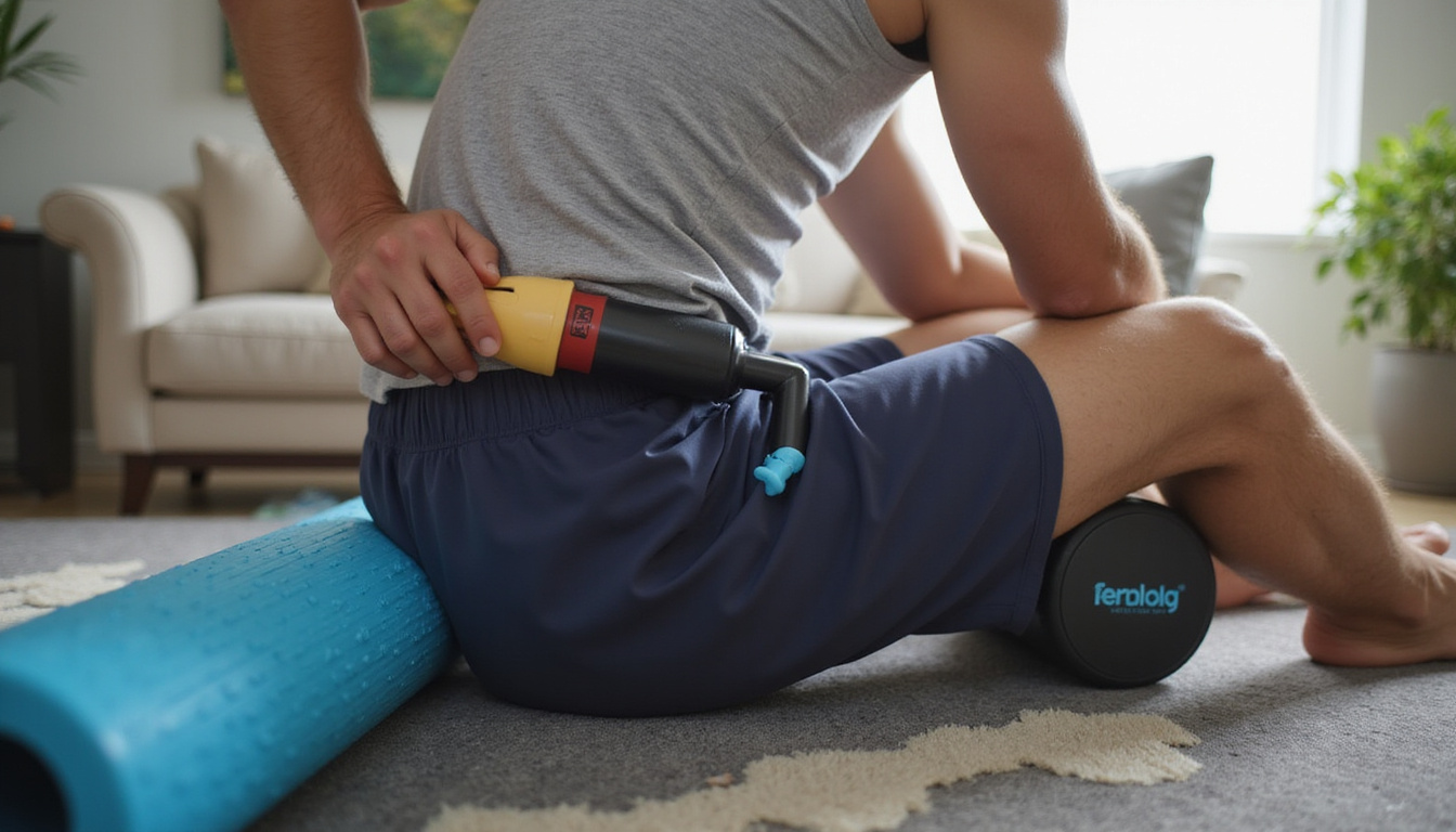 Man using handheld massager on right glute, foam roller nearby, cozy living room setting