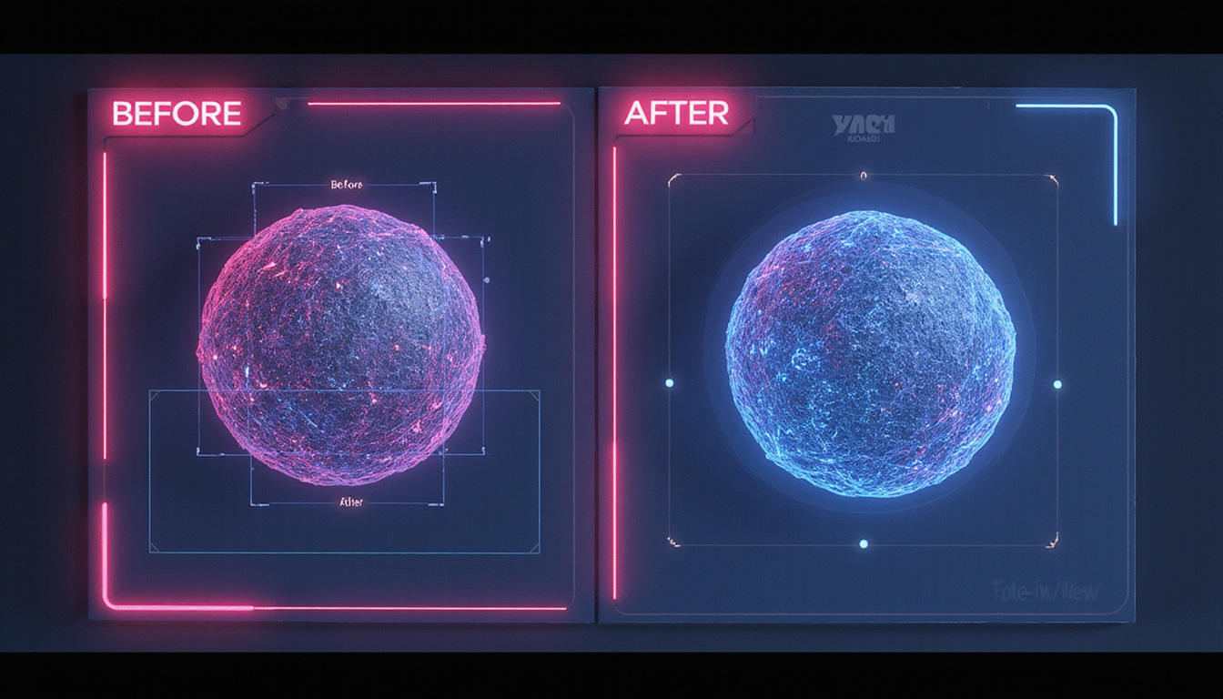 Tutorial HUD overlay showing quick mesh fixes, before-and-after render comparison, neon highlights