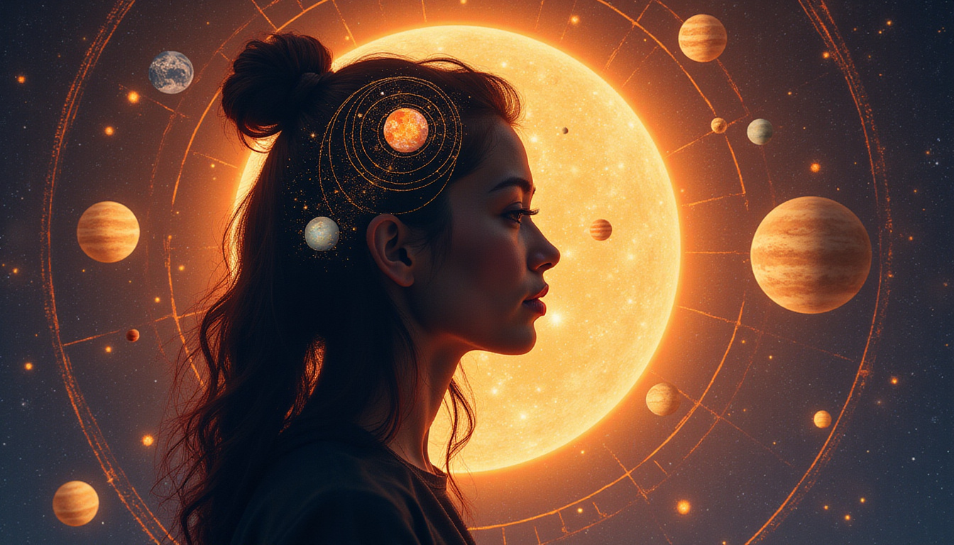  Woman silhouette reading celestial birth chart, luminous planets aligning, revealing personality archetype