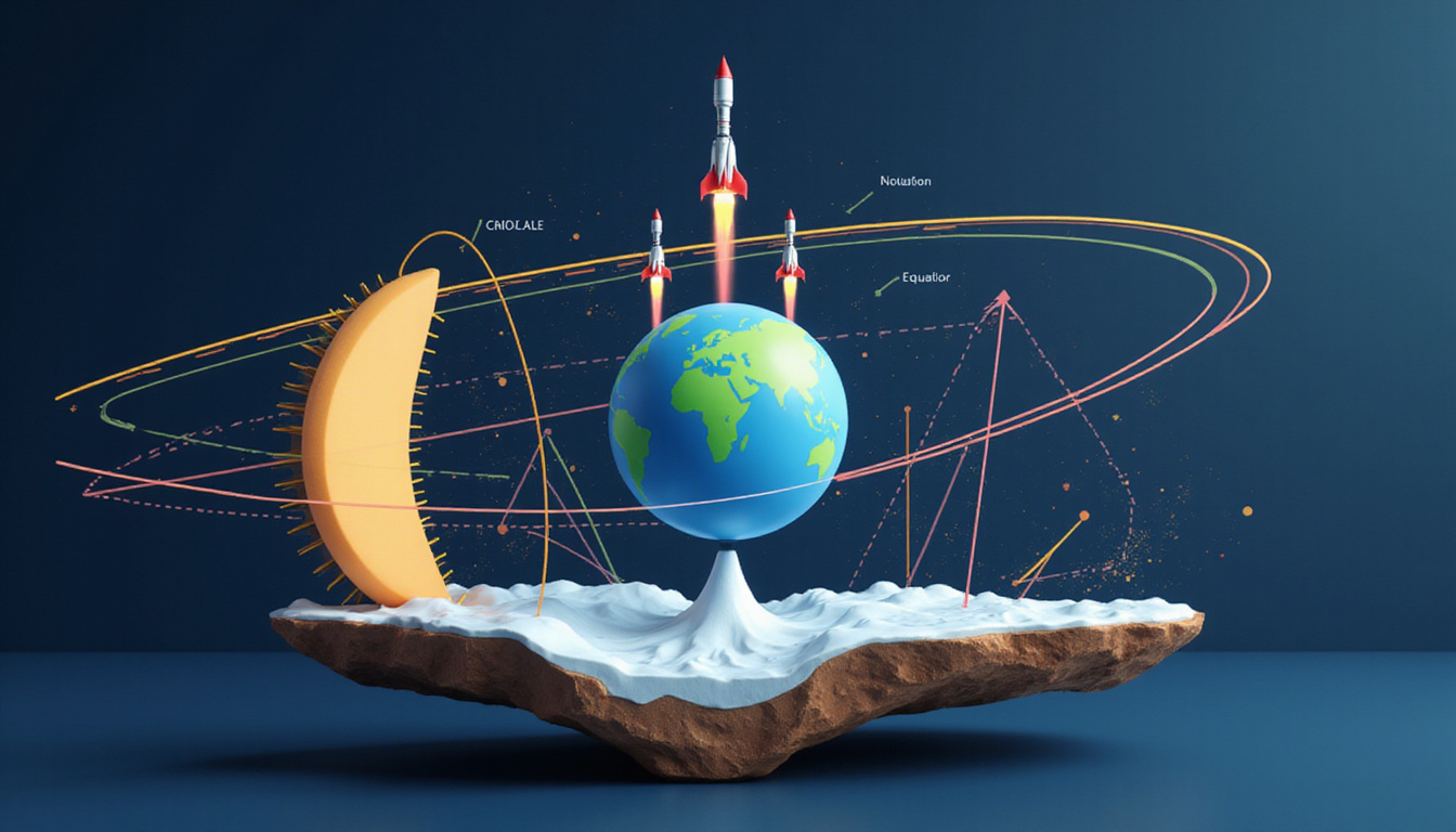  Infographic-style cross-section showing inclination angles, Earth equator, rockets, vectors, sleek futuristic design