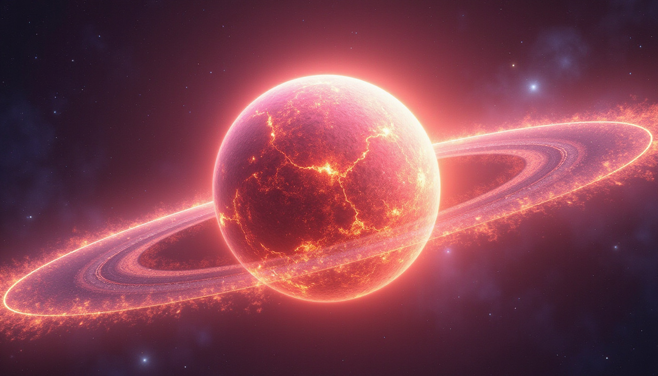 Contrasting pink Venus and fiery Mars orbiting, pulling with glowing magnets, tension and harmony