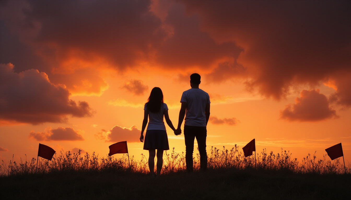 Silhouetted couple beneath stormy sky, shadow hands planting small red flags behind backs, dramatic lighting
