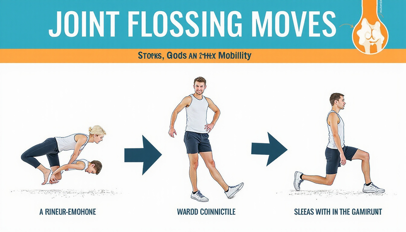  Clean infographic showing step-by-step joint flossing moves, anatomical knee overlay, arrows, vibrant contrast boosting mobility