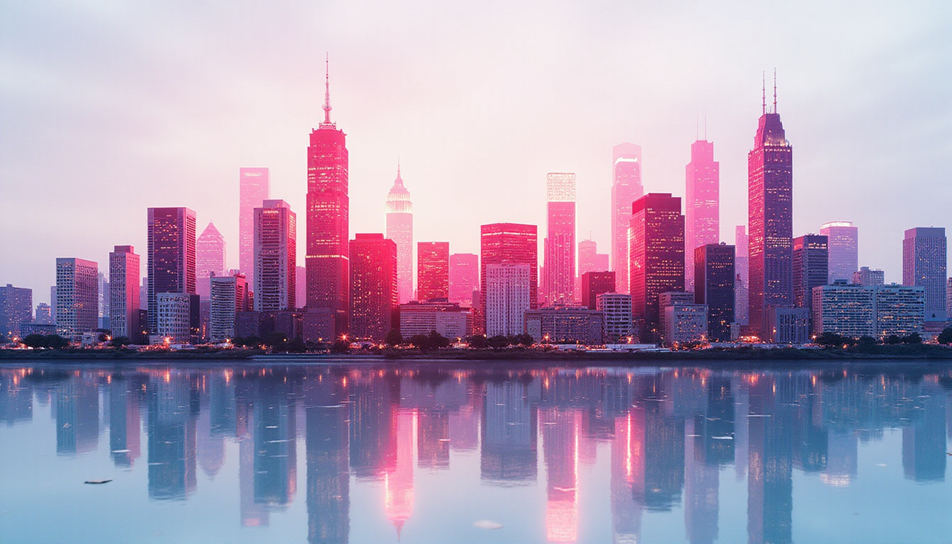 Futuristic city skyline morphing into bar chart showing volatile house price index trends