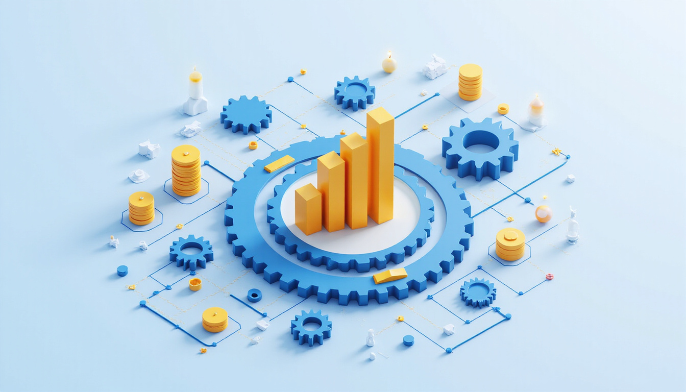Isometric B2B workflow gears, automated pipelines, golden revenue spikes, clean minimal corporate style