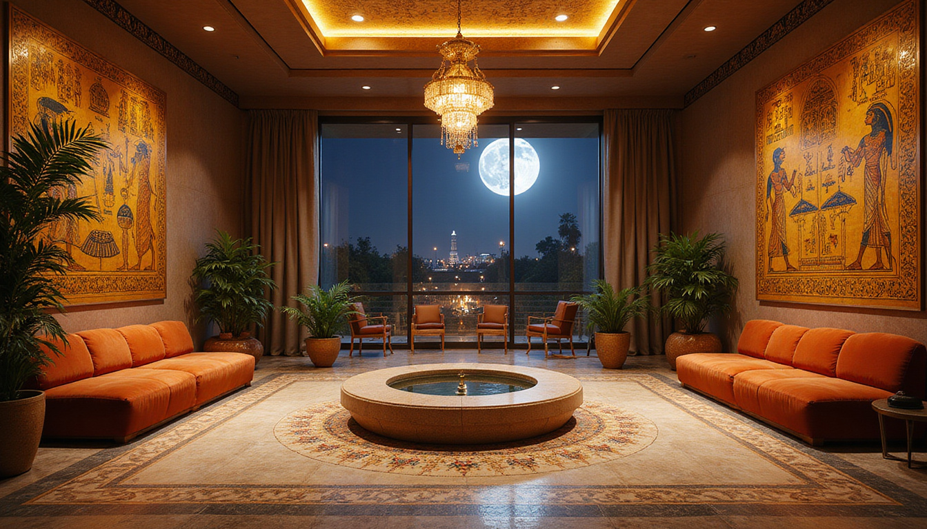  Moonlit grand lobby with ancient Egyptian artifacts, mosaic floors, velvet seating, golden hieroglyphic murals
