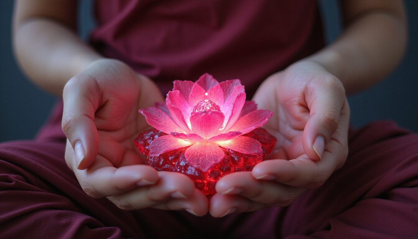  Serene meditator cradling glowing Chintamani ruby, heart chakra blooming, emanating love and inner power