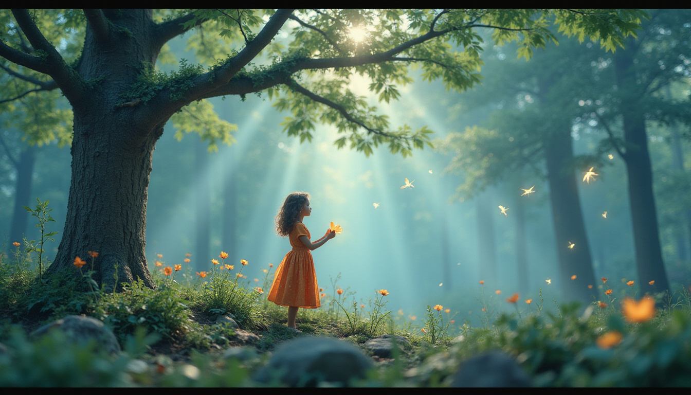  Ethereal cottage garden, figure tying a paper wish to branches, soft golden fireflies