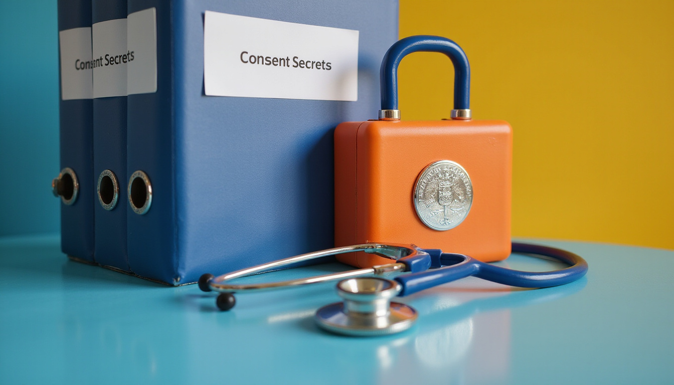  Locked legal folder labeled Consent Secrets on table beside stethoscope, shield of protection hologram
