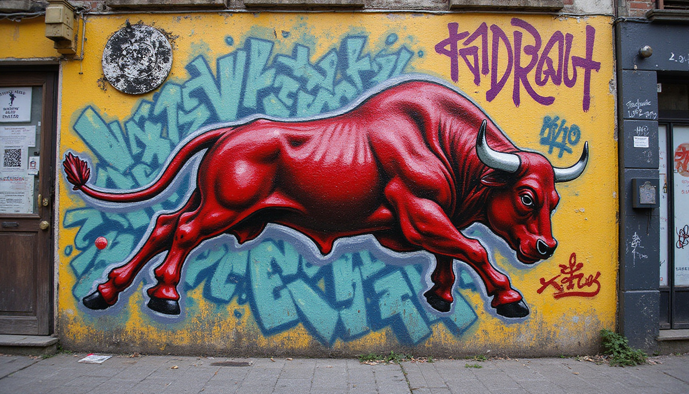  Urban street sign transformed into charging bull graffiti, subtle spiritual glyphs woven