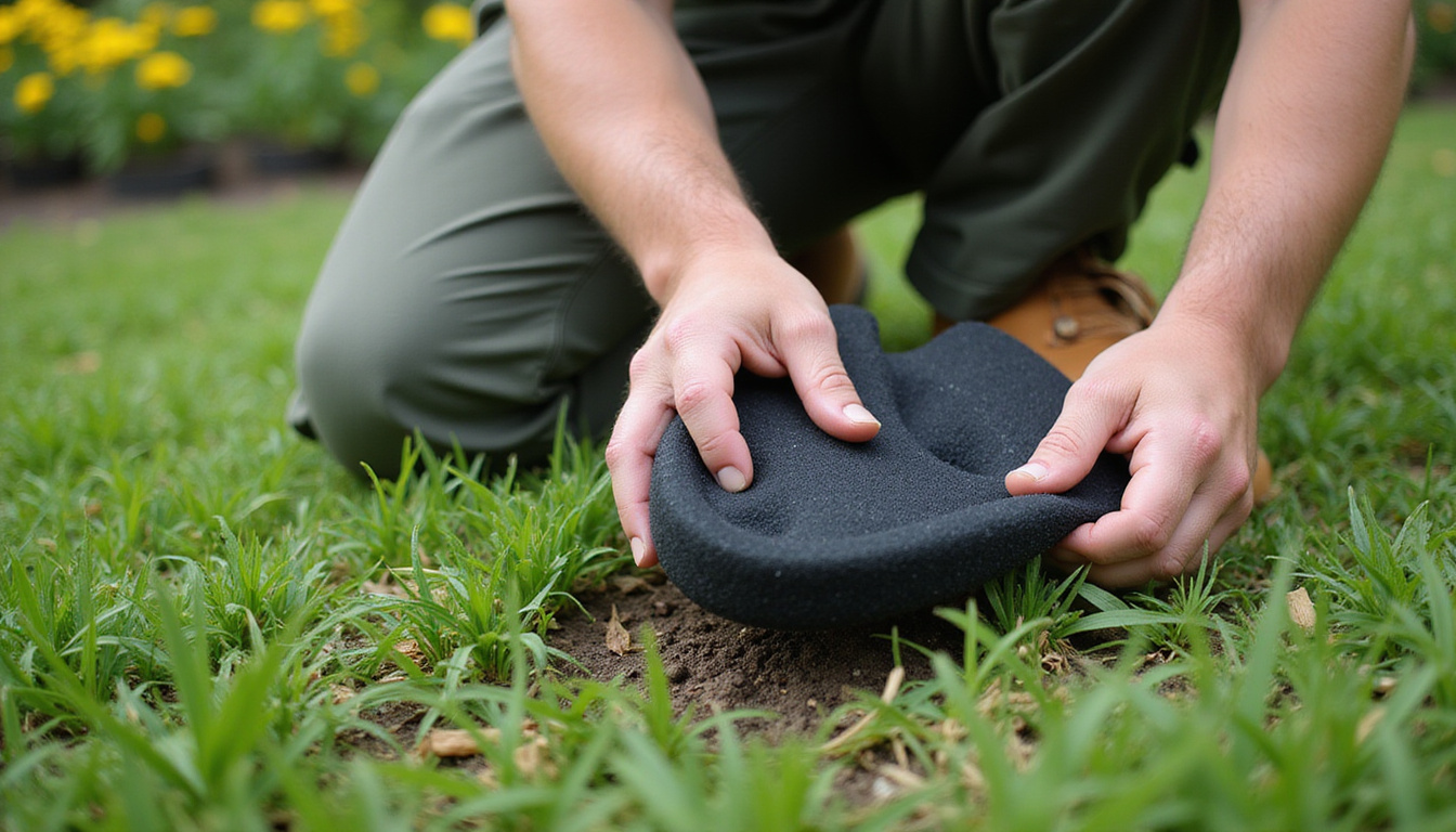  Close-up of ergonomic foam knee pad, waterproof cover on grass, gardener
