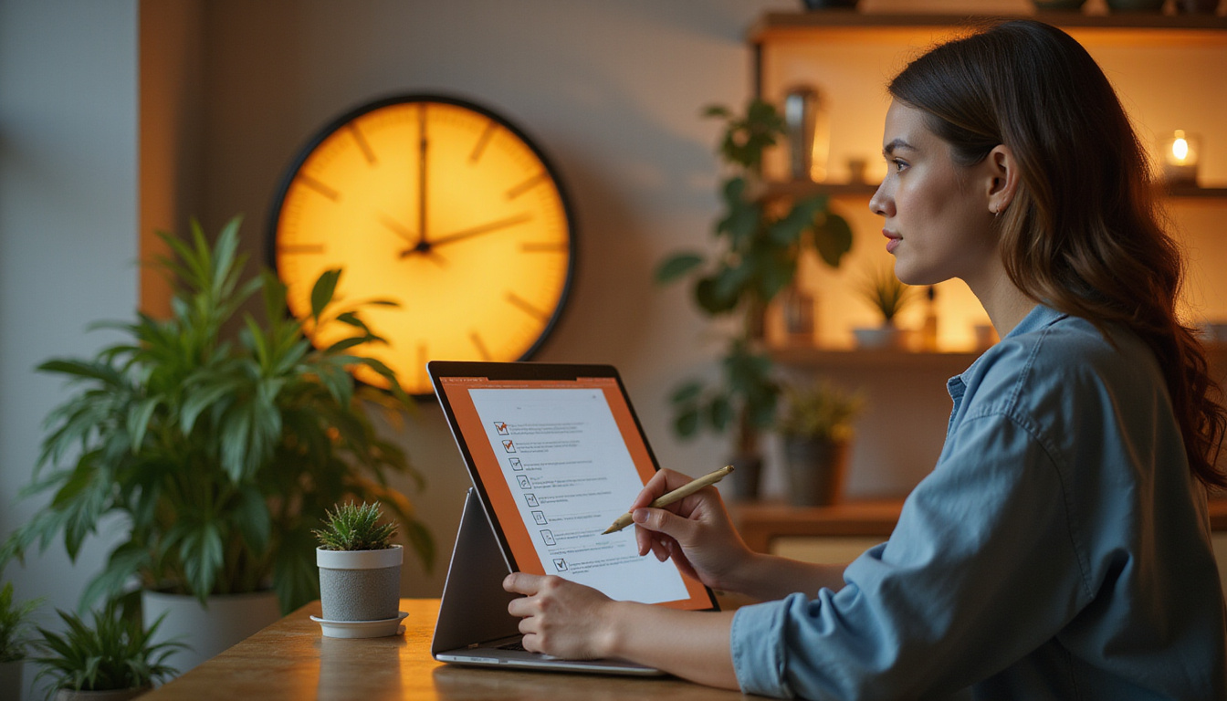Focused person checking checklist, glowing clock, plants, minimalist planner, golden hour productivity vibe