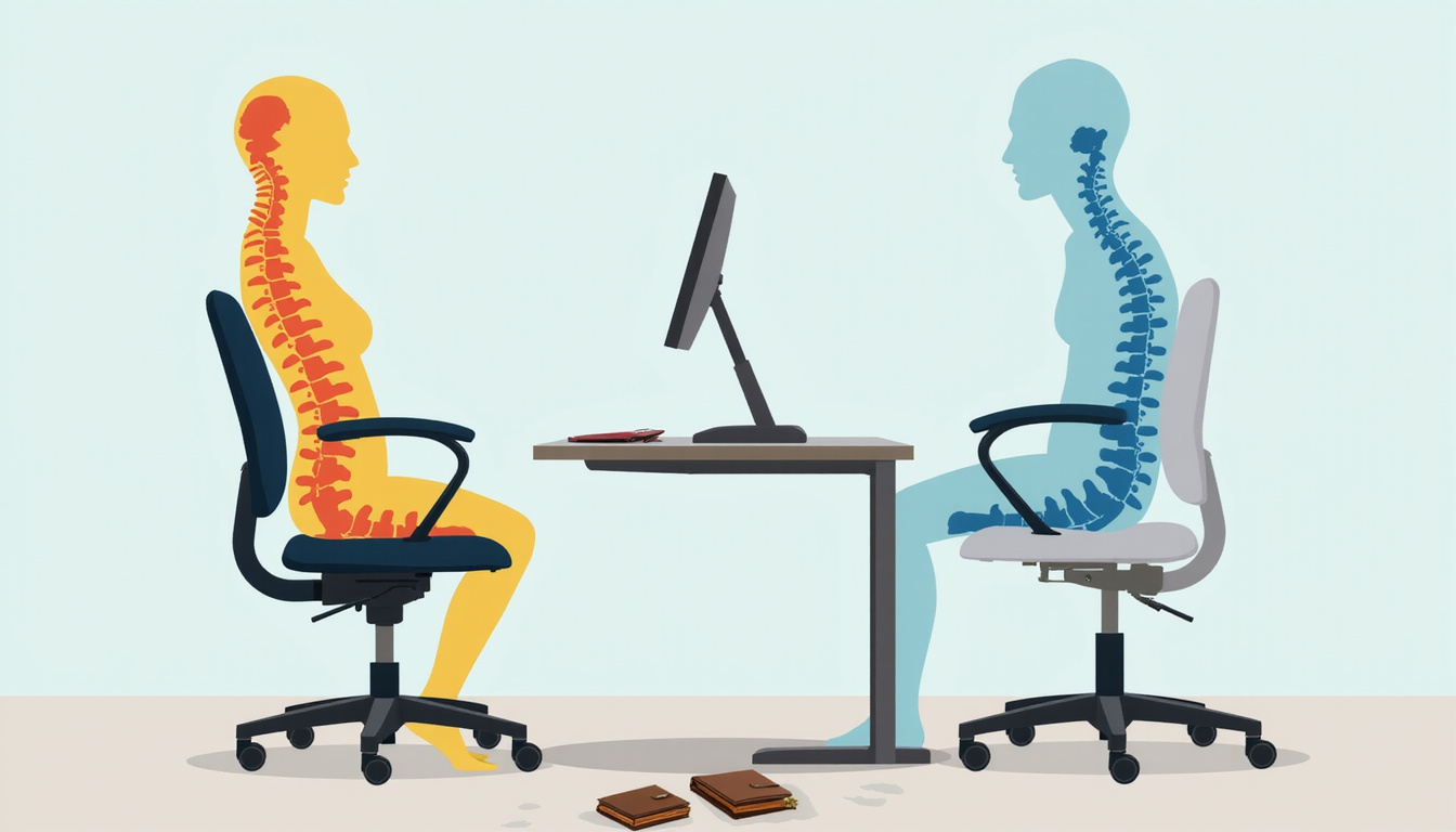 ergonomic office chair with foam wedge cushion, illustrated spine alignment, wallet discarded on floor