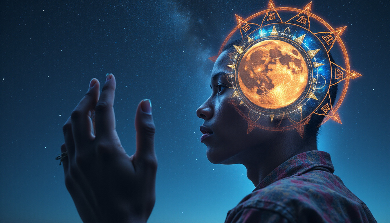  Portrait of contemplative person with glowing lunar sigils, swirling night sky, inner strengths illuminated