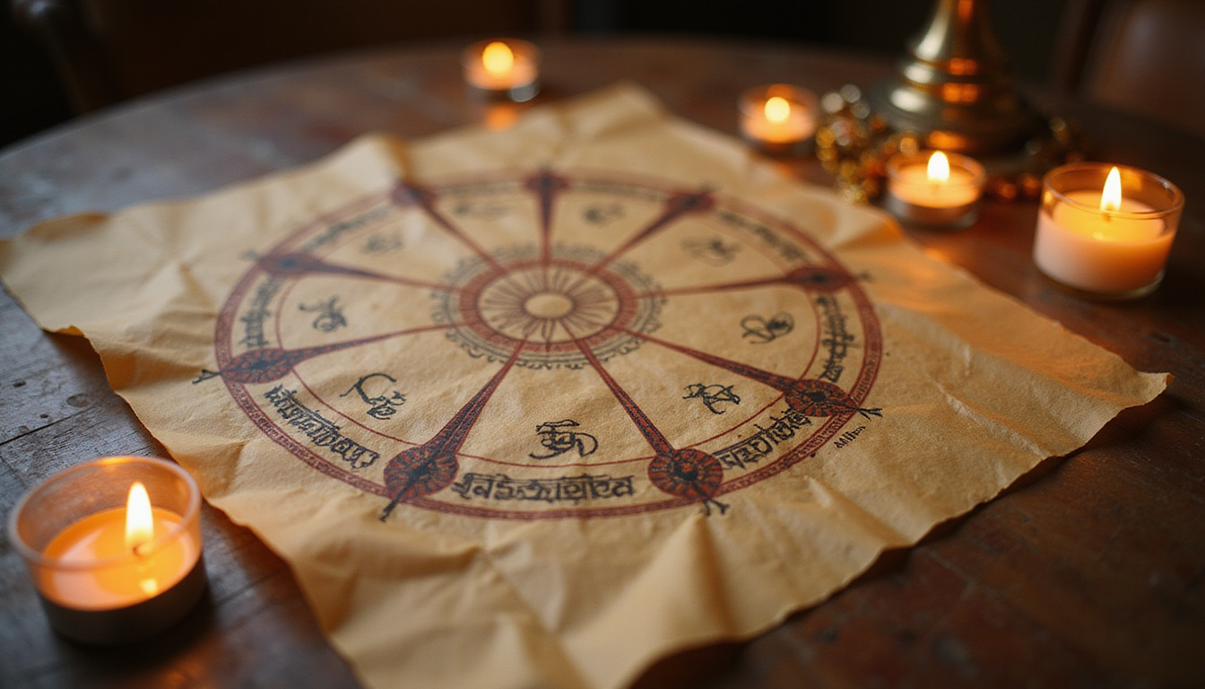  Ancient parchment Navamsa chart, inked Sanskrit, soft candlelight, subtle spiritual aura