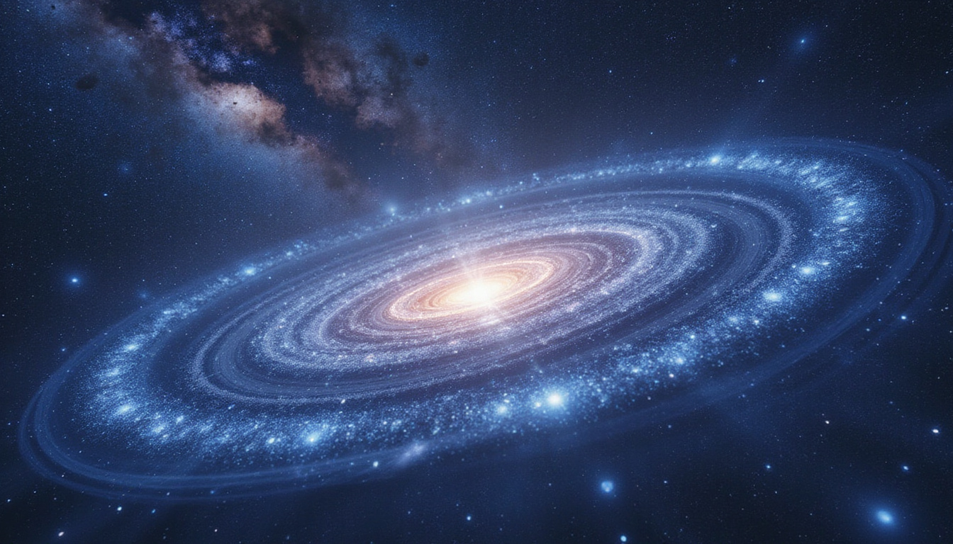  Invisible gravitational currents sculpting spiral arms, luminous stars orbiting warped space