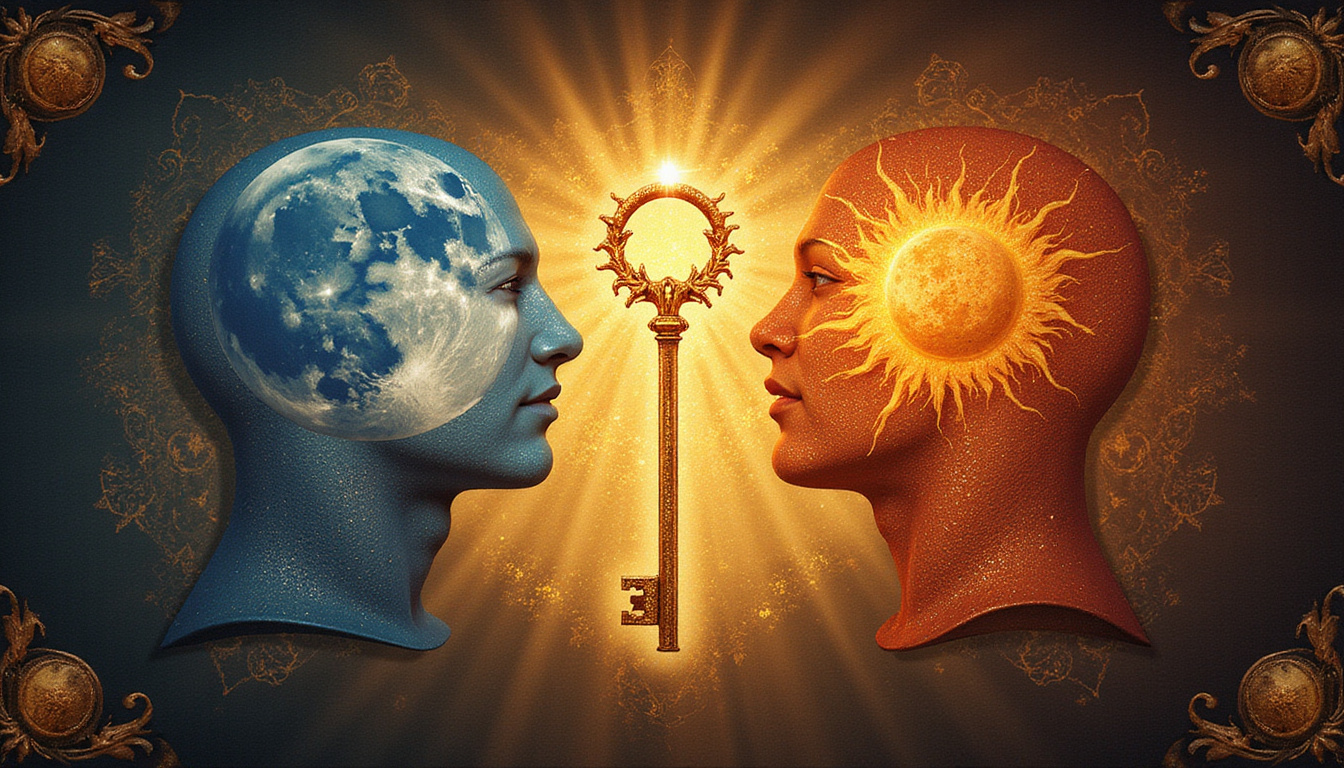 Ancient keys and moon and sun symbols unlocking radiant emotional map between lovers, gentle golden aura