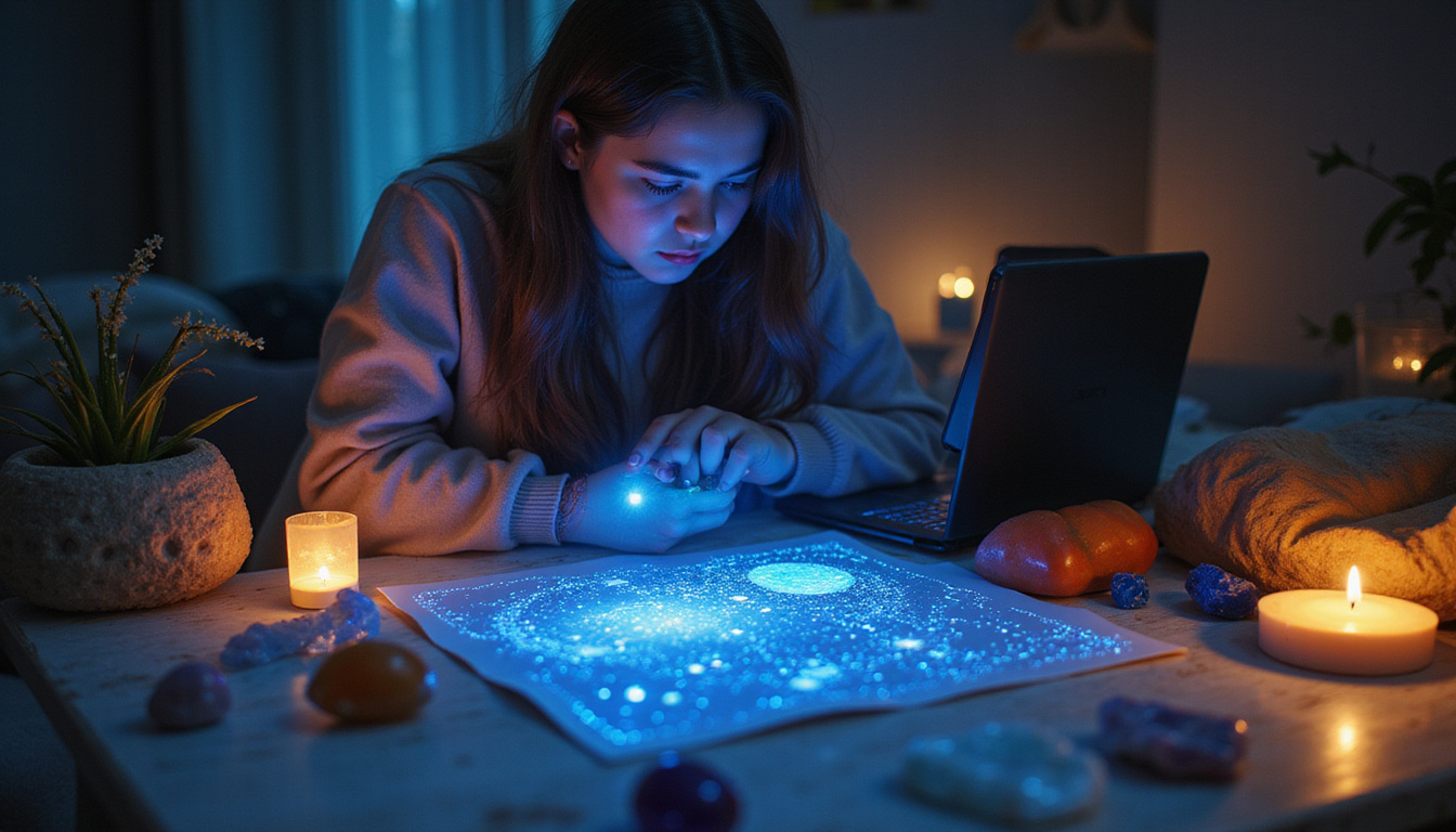  Young astrologer studying star map on laptop surrounded by crystals, planet symbols, candlelight