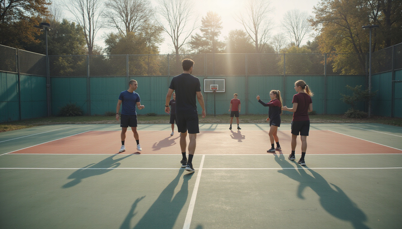  Wide-angle morning court scene, coach guiding players through rotational control drills, explosive power, sweat