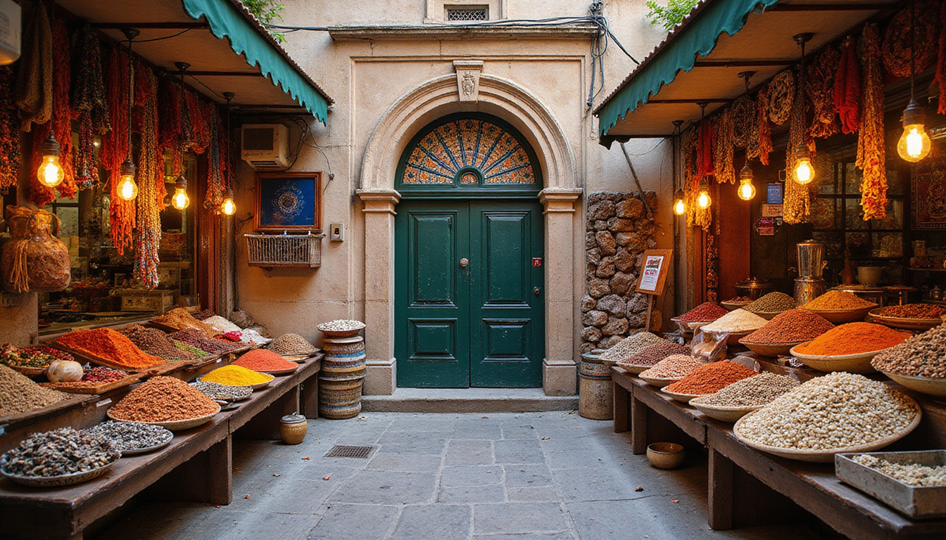  Vibrant market stalls overflowing with spices, lanterns, braided textiles, animated vendors, mosaic church doorway