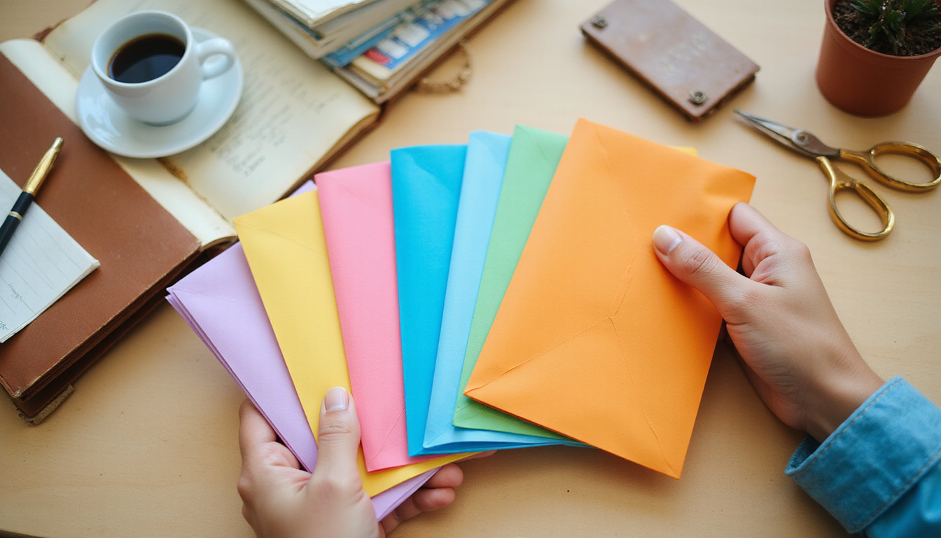 Close-up hands organizing colorful budget envelopes, vintage ledger, scissors, coffee, focused atmosphere