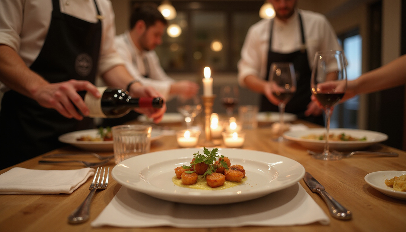  Chef plating delicate amuse-bouche on porcelain, candlelit table, sommeliers uncorking rare vintage