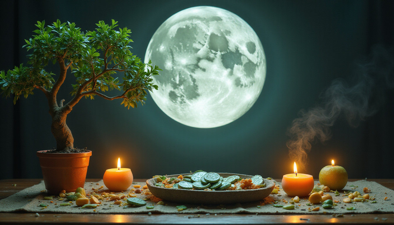  Moonlit altar with jade coins, kumquat tree, burning candles, fluttering talismans, warm auric glow