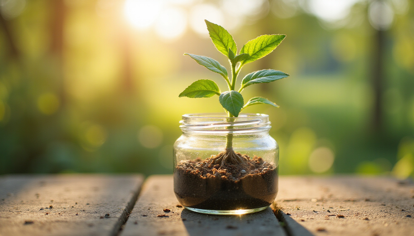  Close-up propagation cutting in glass jar, roots forming, warm morning light, botanical care scene