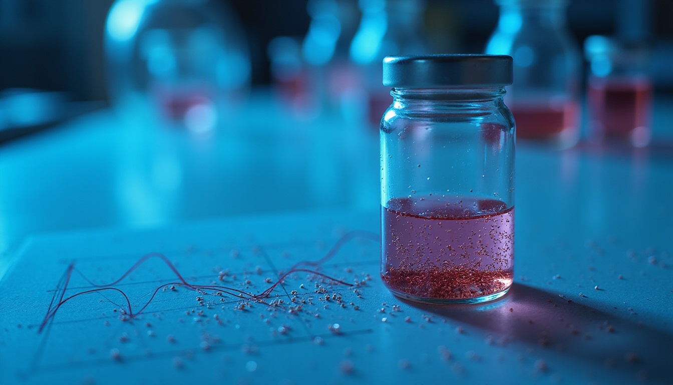  Laboratory scene showing graph overlay of polydispersity index, vial of nanoparticles, sterile blue lighting