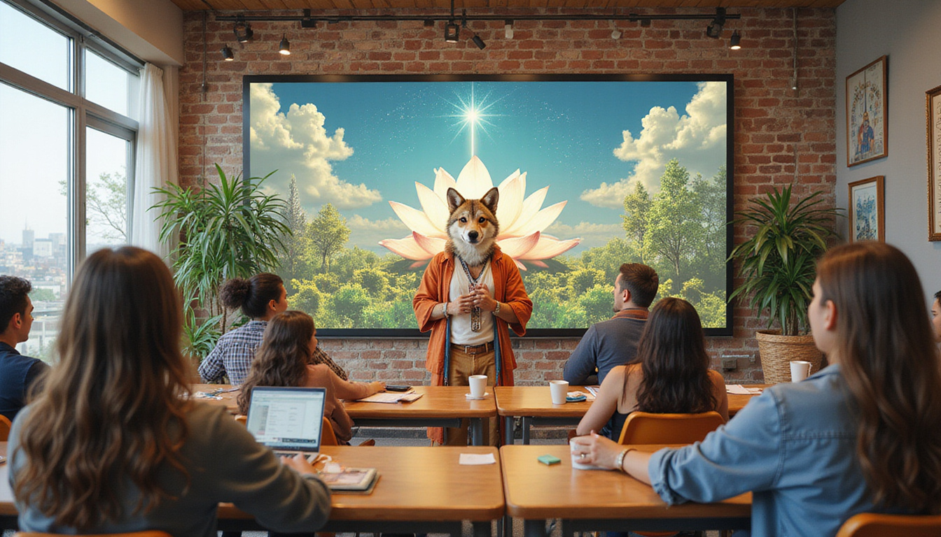  Anthropomorphic coyote teacher in modern classroom, tarot symbols, blooming city-lotus transformation