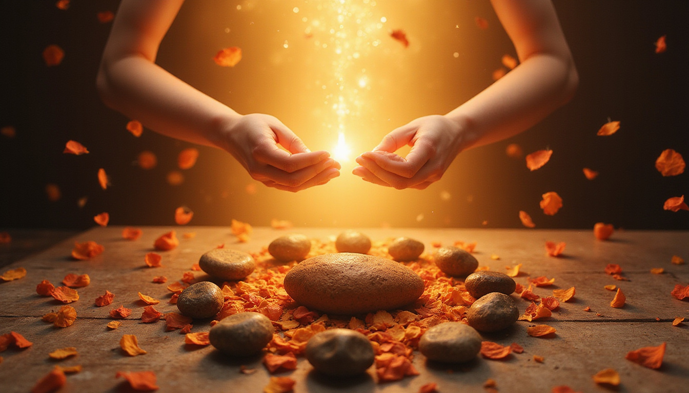  Hands arranging altar stones and sigils, levitating petals, warm golden aura transforming space