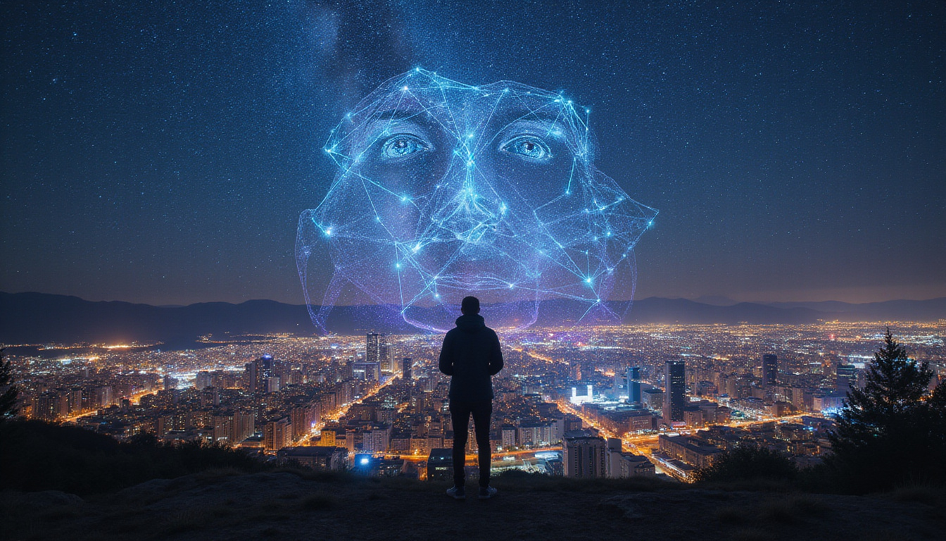  Person tracing imaginary constellations over city lights, optical illusion lines forming faces, eerie double exposure