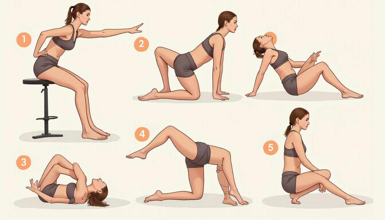  Fit young woman performing five simple pelvic correction exercises, numbered icons, calm minimalist health infographic