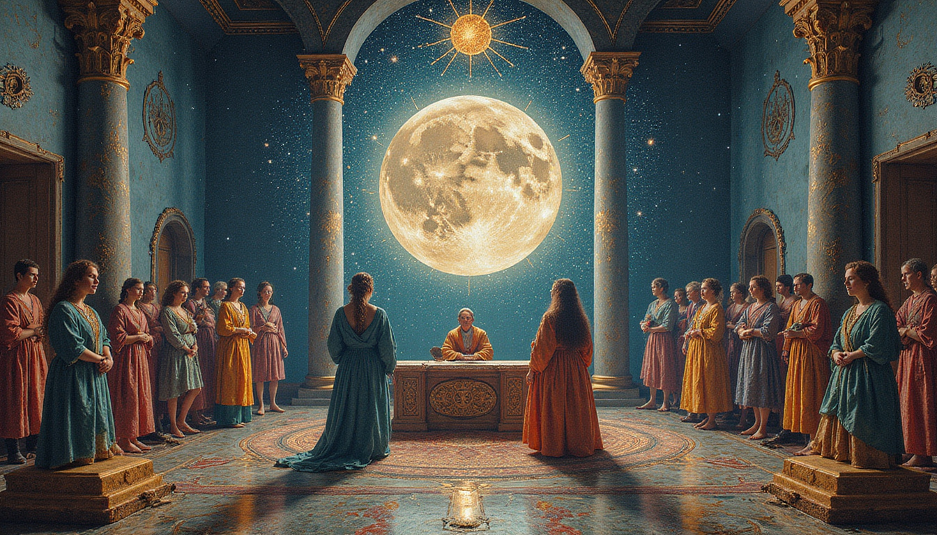 Ancient soul tapestry woven with astrological symbols, reincarnated figures, moonlit courtroom of fate