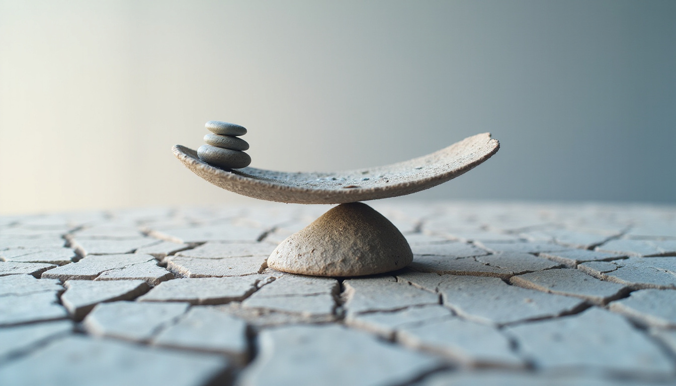  delicate balance scale tipping by a single pebble, fractal cracks spreading across network