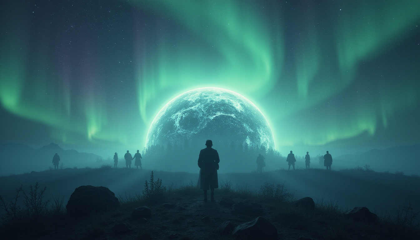  Planetary silhouette protected by glowing dome, life silhouettes thriving beneath auroral light, scientific wonder