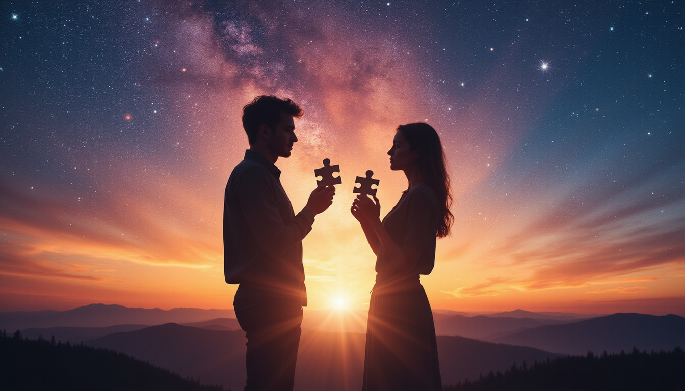Couple silhouettes balancing puzzle pieces and constellations, warm light and subtle tension