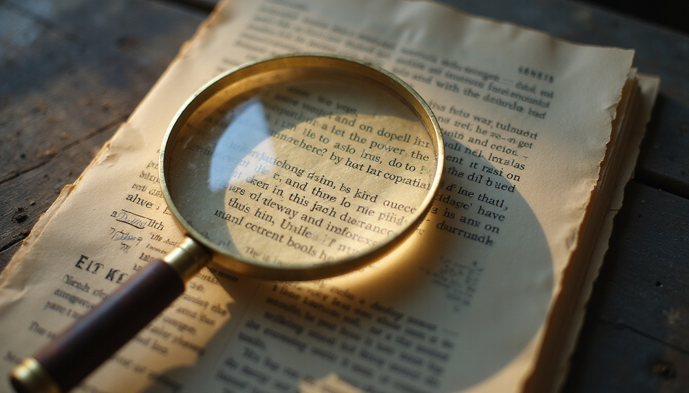  Ethereal magnifying glass revealing hidden verb aspects, annotated sentences luminous on parchment