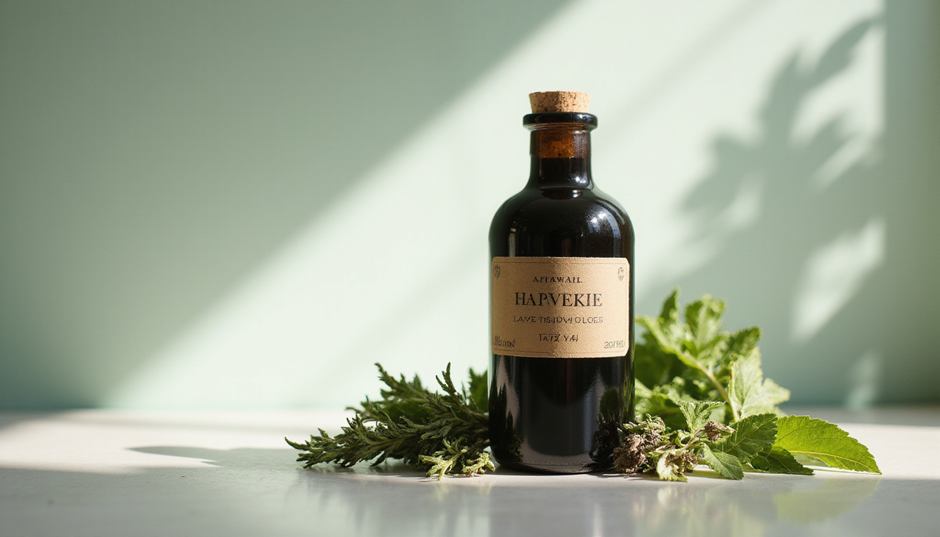  Still life: dark glass bottle, sealed cork, labeled harvest date, herbs, sunlight streaks