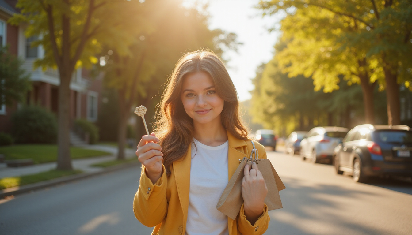  Young renter holding vintage key, affordable rent tags, sunlit tree-lined street, warm tones
