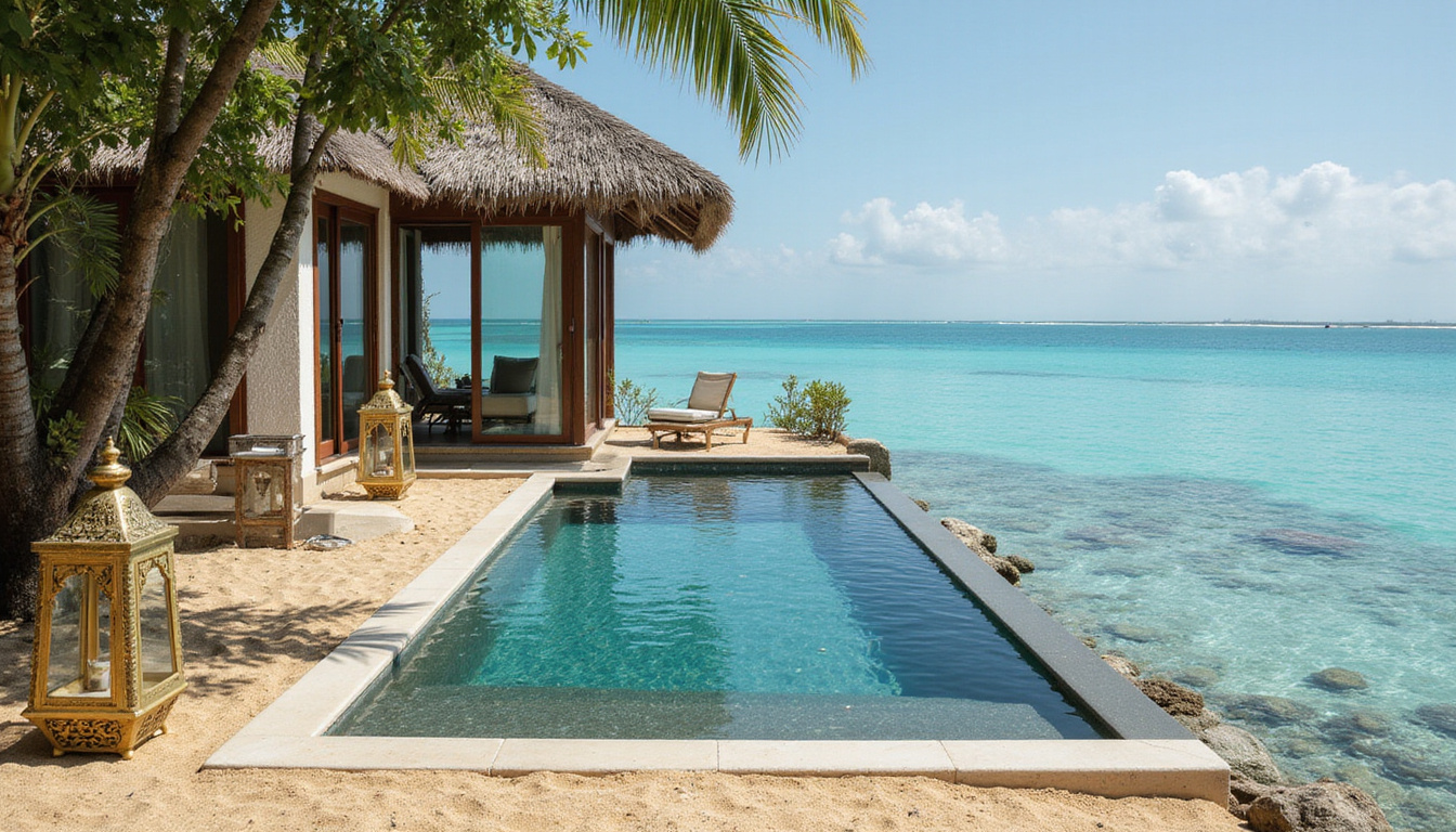  Private beachfront bungalow with infinity pool, ornate Egyptian lanterns, golden sand, coral reef