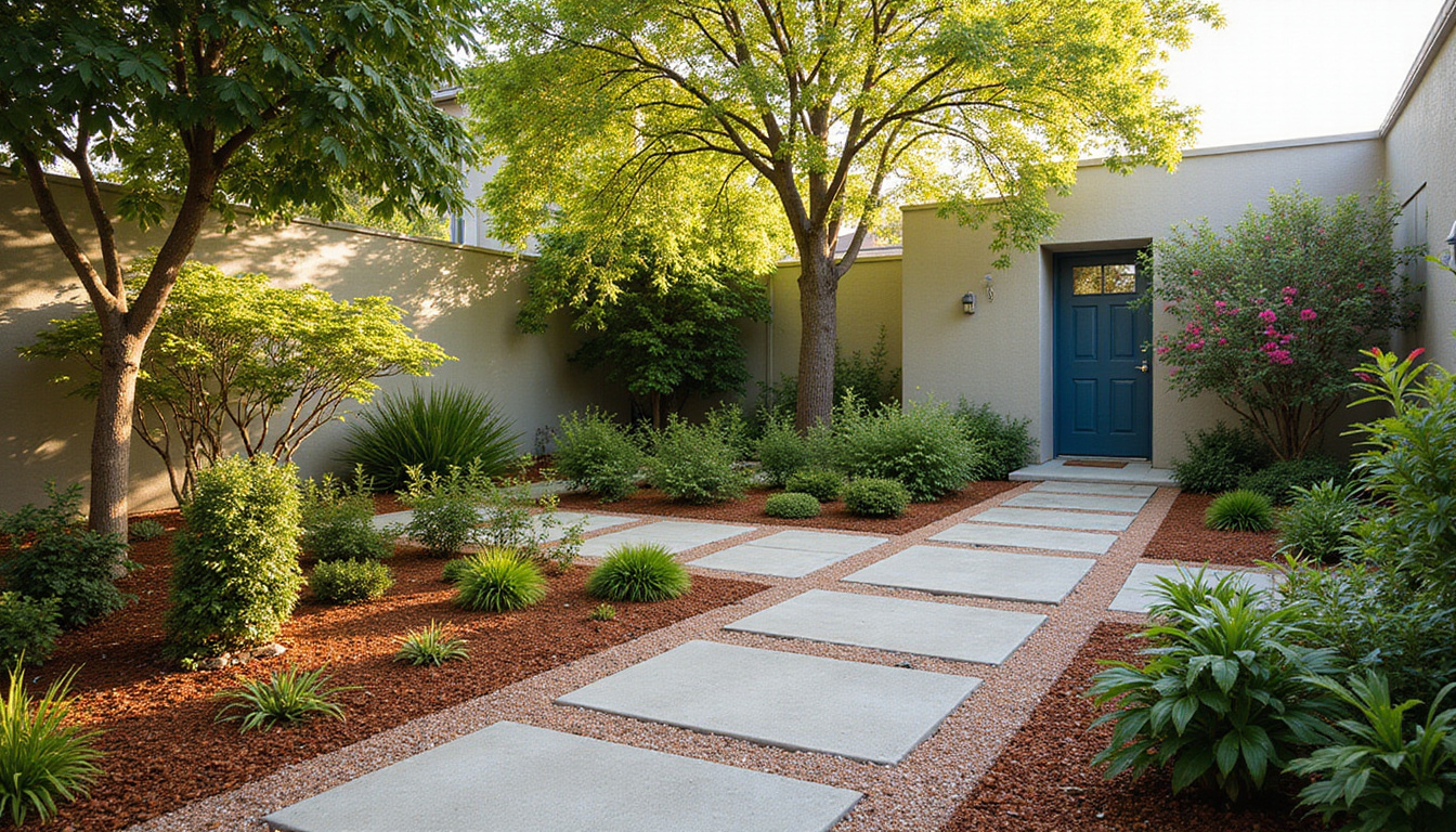 minimalist backyard landscape showcasing low-maintenance nandina, mulch bed, morning light, tidy pathways