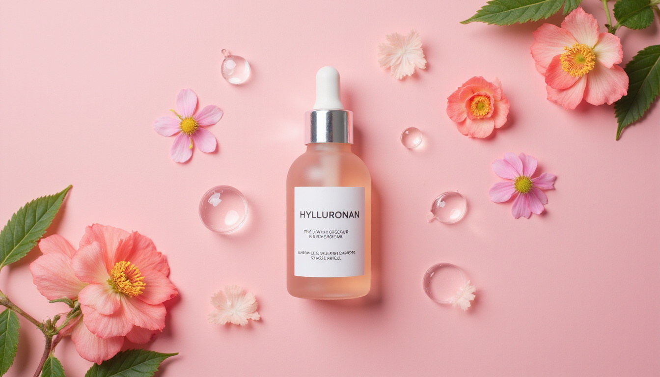  Flatlay skincare essentials hyaluronan booster bottle, glass droplet, botanical elements, clinical minimalism