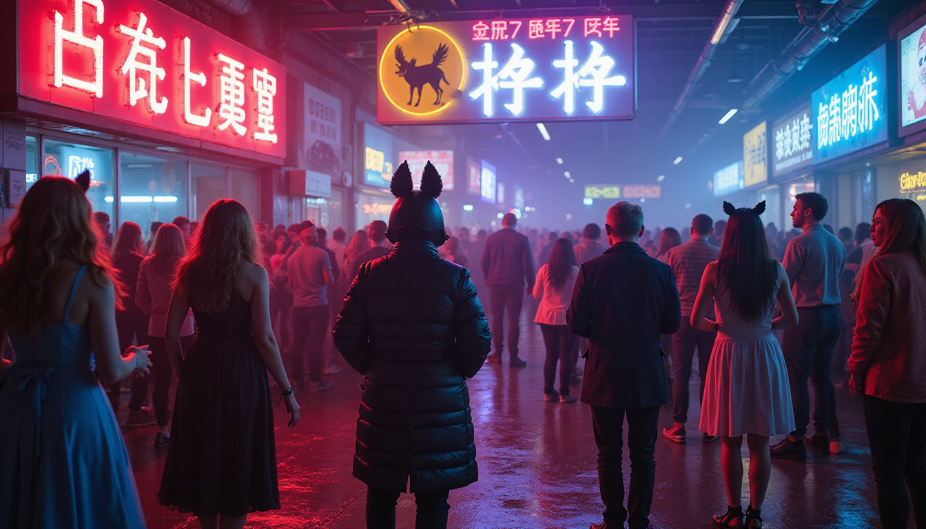  Diverse therian community gathering under neon signs, hybrid figures sharing ritual, modern mythic atmosphere