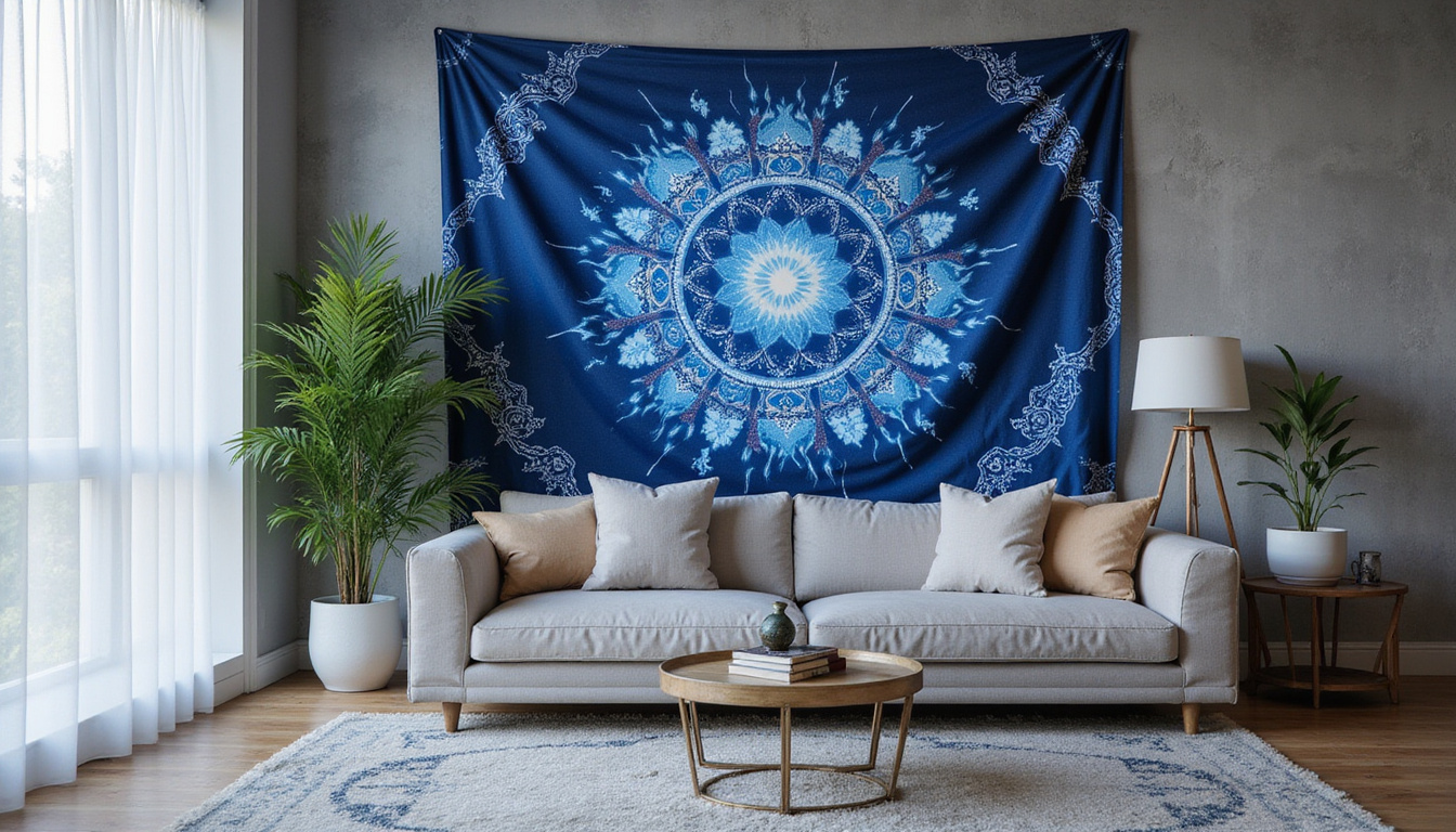 Meditative corner with indigo yantra tapestry, crystalline light patterns, tranquil home energy