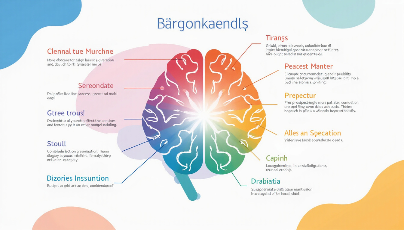  Patient-friendly infographic scene: brain overlay, sensory testing, tuning fork, clear labels, calm pastel palette