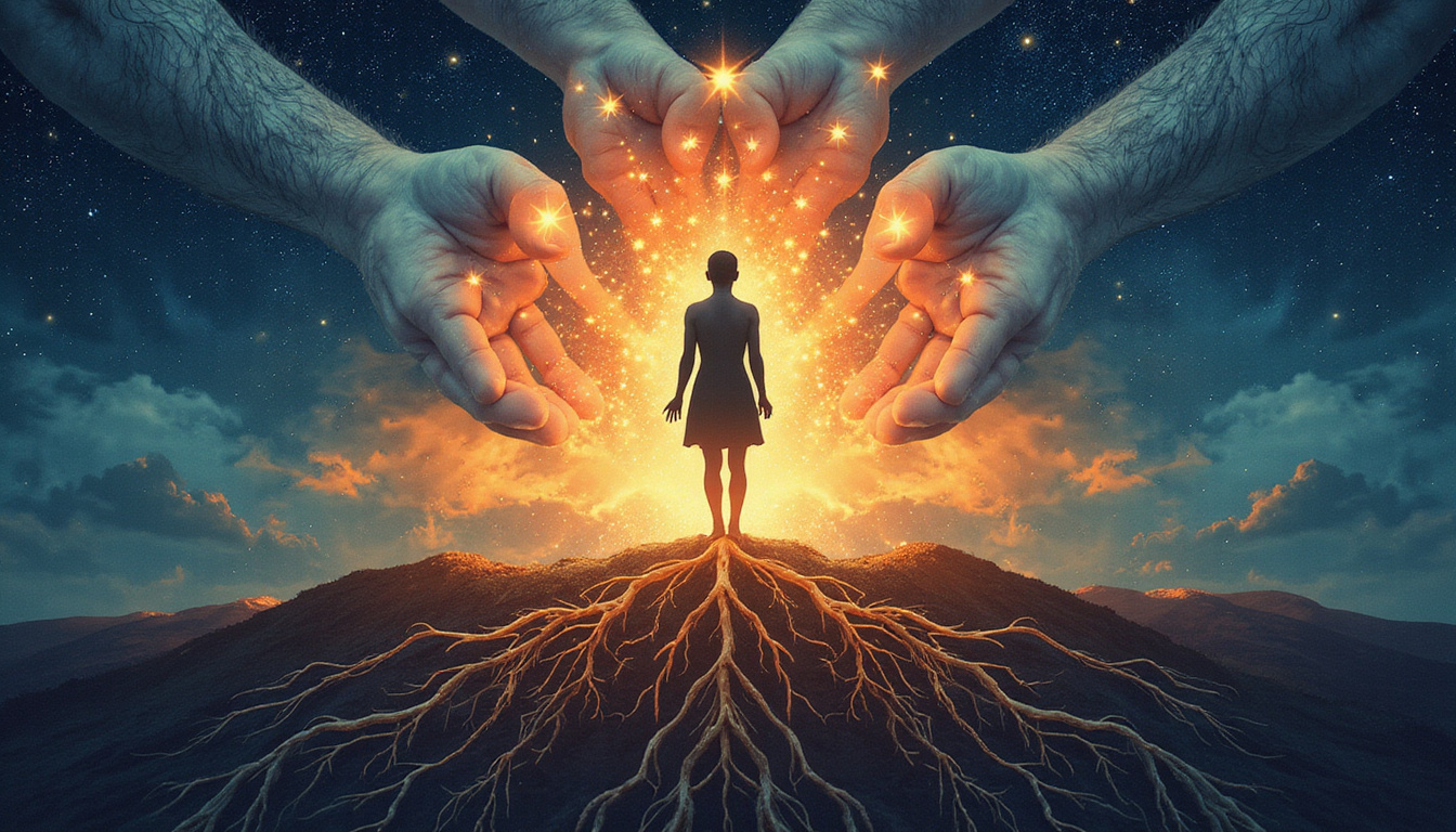  Gentle hands weaving protective boundary of roots and stars around a vulnerable human silhouette