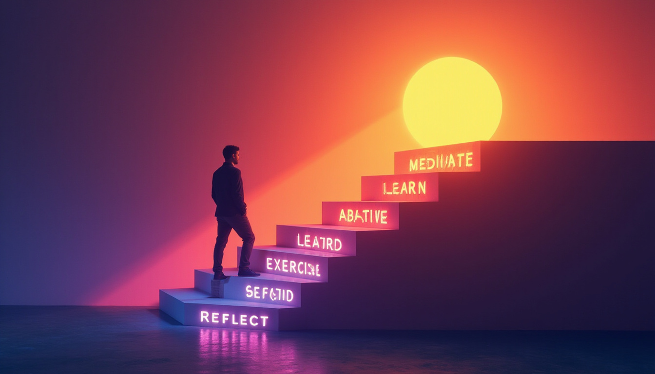  Silhouette ascending luminous staircase of habits, each step labeled: meditate, learn, exercise, reflect, sunrise