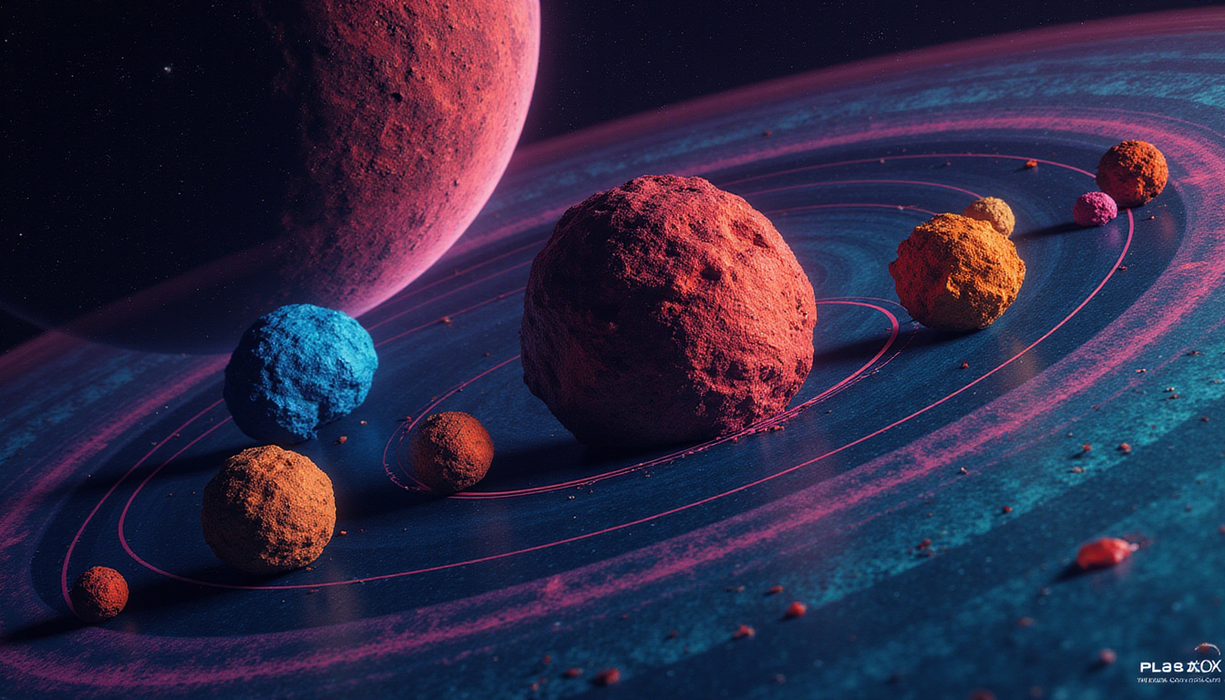  Infographic-style comparison of dwarf planets sizes, textures, orbital paths, annotated, retro-futuristic neon palette